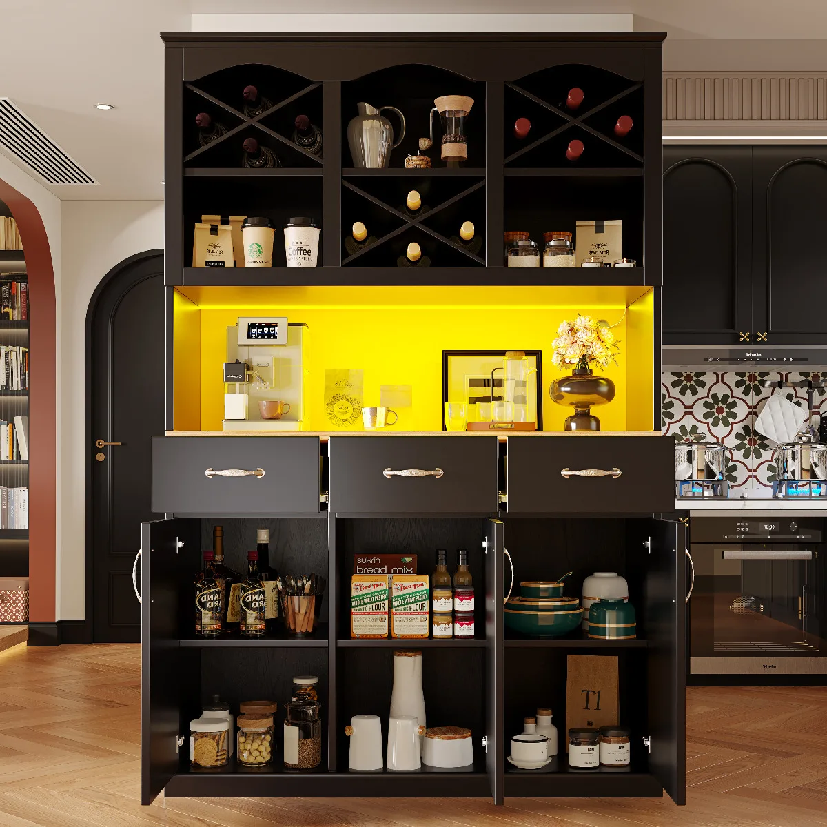 Schwarzes hohes Küchenbuffet | 3 Türen, 3 Schubladen und LED-Beleuchtung (120 x 40 x 180 cm)