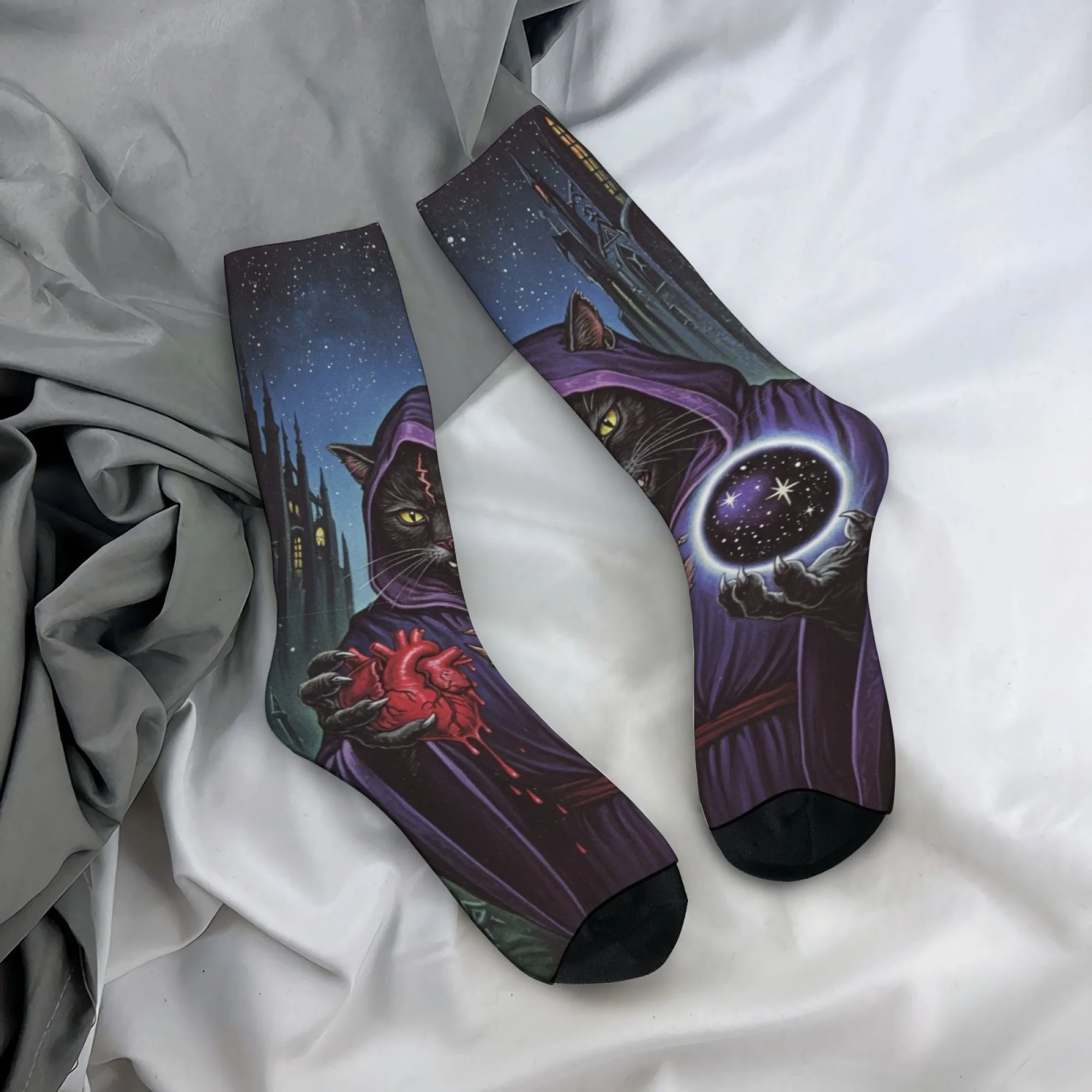 Magic Witchcraft Cat Herrensocken Crazy Street Hip-Hop Retro Trendy Socken Bequeme atmungsaktive Outdoor Casual Sportsocken Geschenk Image