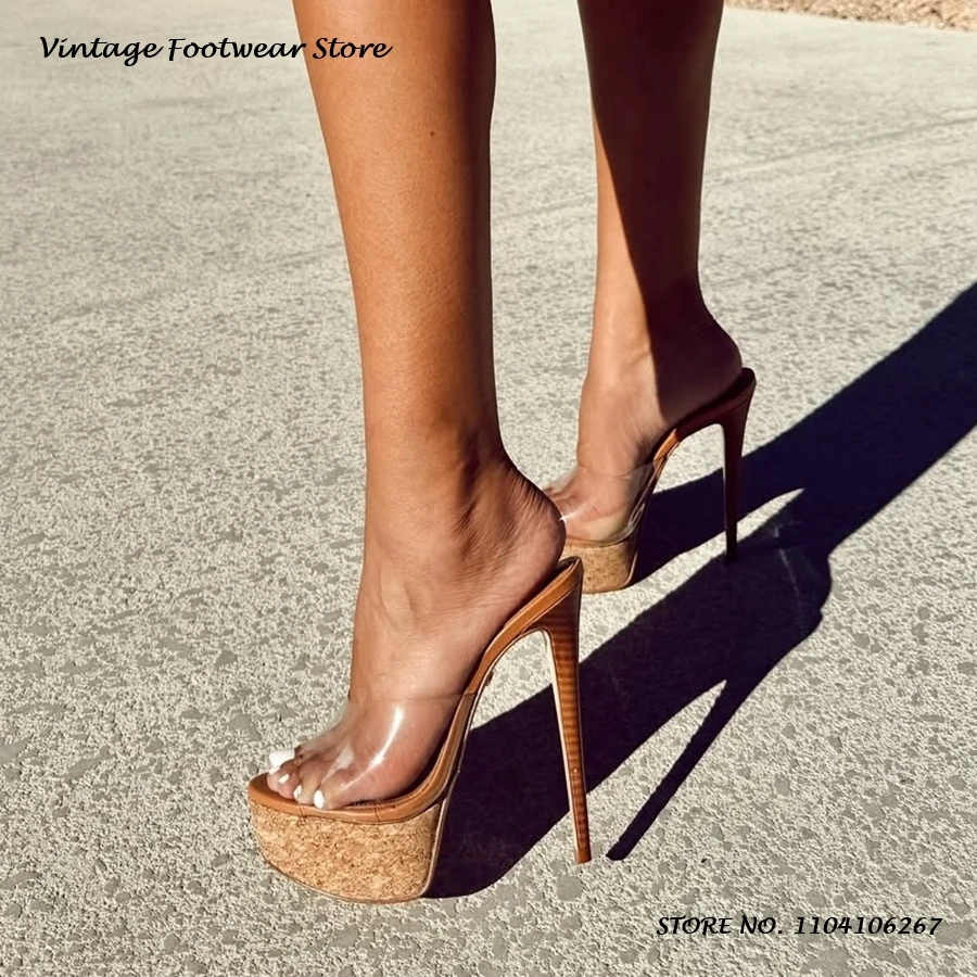 Prägnante High Heel Plattform Pantoletten Runde Offene spitze Dünne Fersen Party Kleid Schuhe frauen Sommer Pull On Plus Größe Mode hausschuhe Image