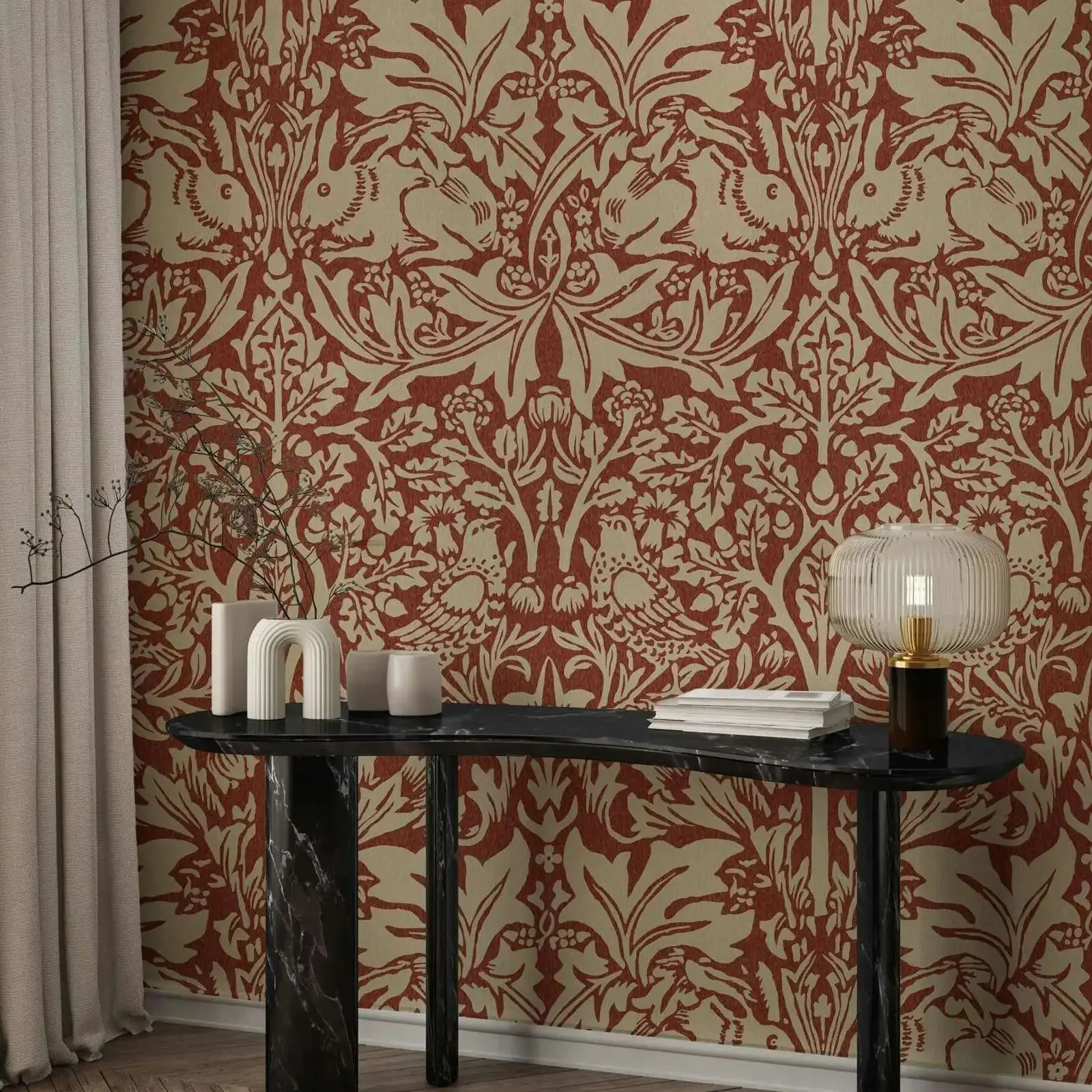 William Morris Brer Kaninchen-Tapete, roter Grass, Vintage-Blumen- und Tier-Wandbild für Raumdekoration oder unklebende Tapete Image