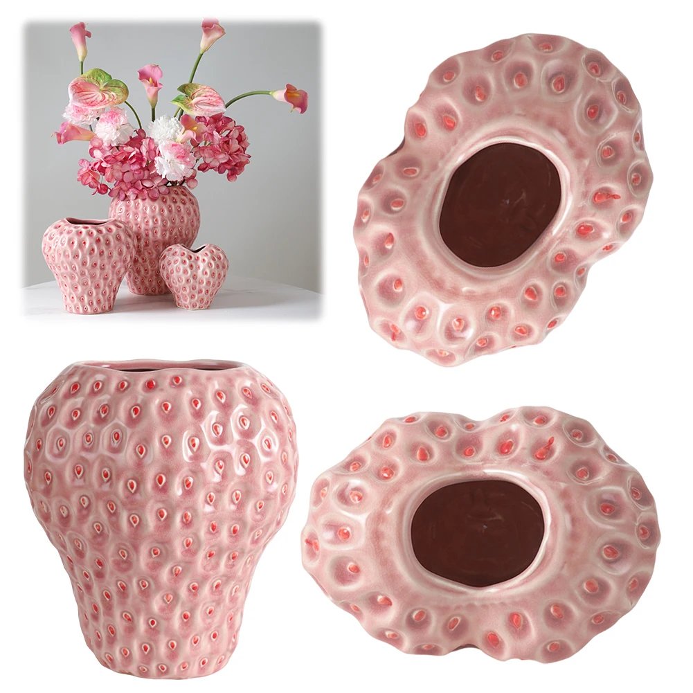 Erdbeervase, Keramik-Blumentopfvase, dekorative rosa Blumenvase, erdbeerförmiger Pflanzgefäß für den Innenbereich Image