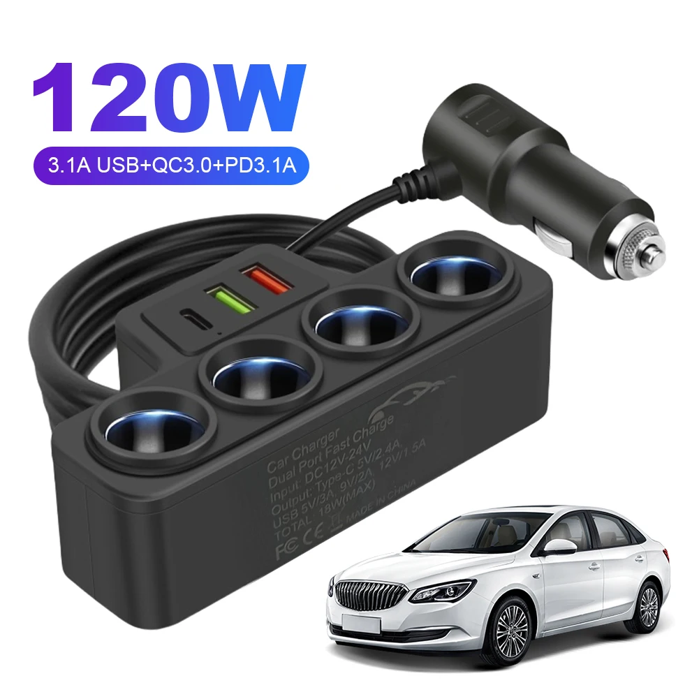 12V-24V Auto-Zigarettenanzünder-Adapter QC3.0+PD 3.1A 3 USB-Anschlüsse 4-Steckdosen 120W Telefon-Netzteil Schnellladegerät Image