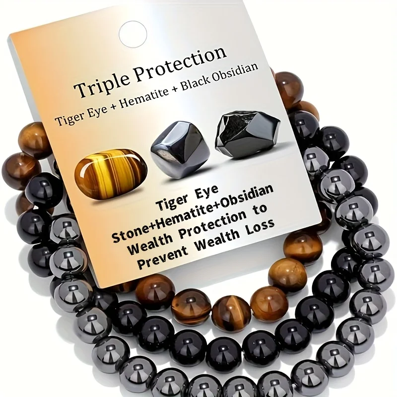 Set di 3 Bracciali Bohémien con Pietre Preziose per Uomo e Donna, Bracciale Portafortuna in Occhio di Tigre, Ossidiana Nera ed Ematite