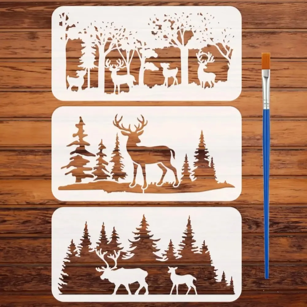 3 Stück Wald-Hirsch-Malschablonen mit Pinsel, 30 x 30 cm, Hirsch-Silhouette-Muster, Zeichnungsvorlage, Tier-Thema, DIY