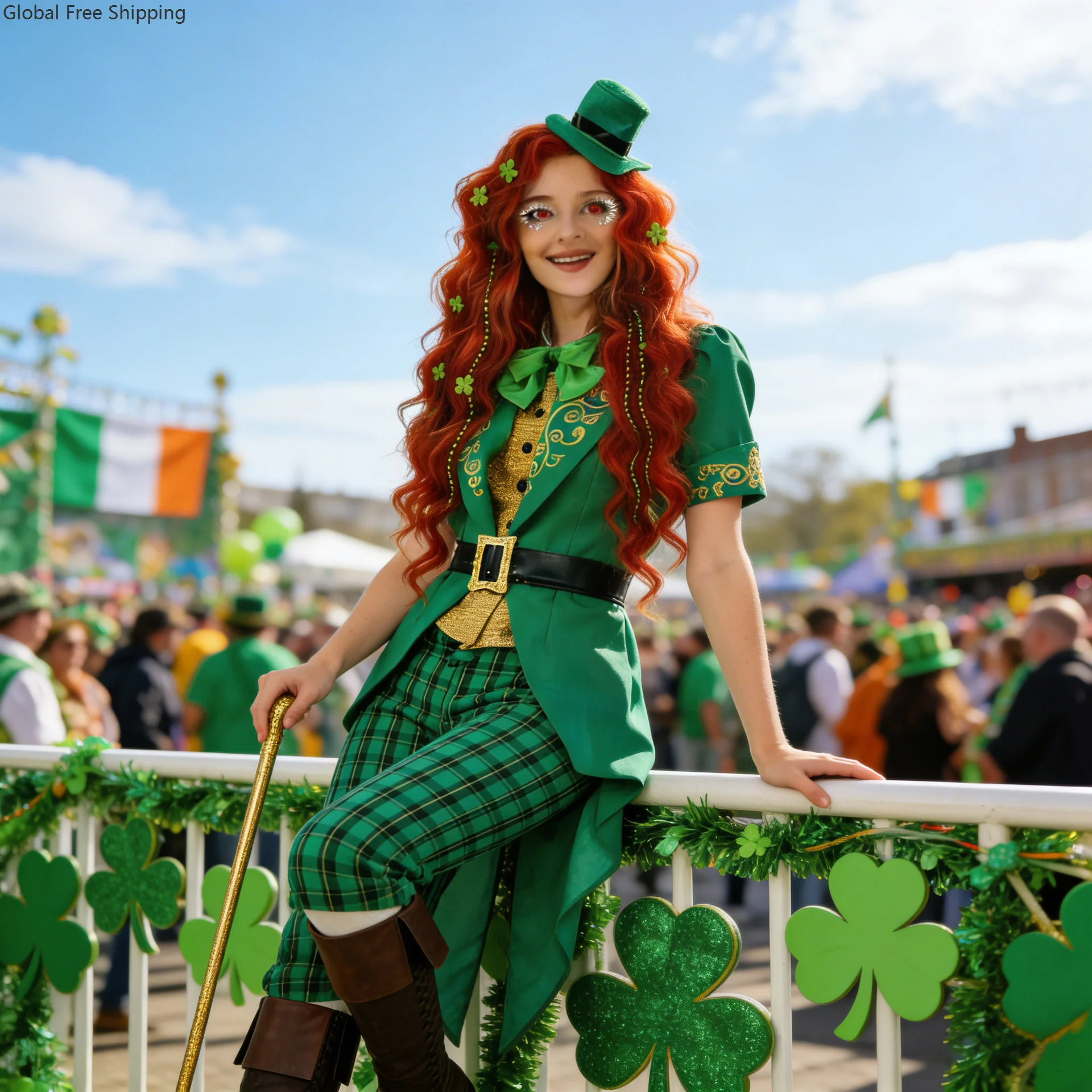 Halloween irisches Kobold-Damenkostüm, grünes Kleeblatt-Outfit für Erwachsene, St. Patrick's Day, Karneval, Party, Parade-Anzug, Smoking-Set 2026 Image