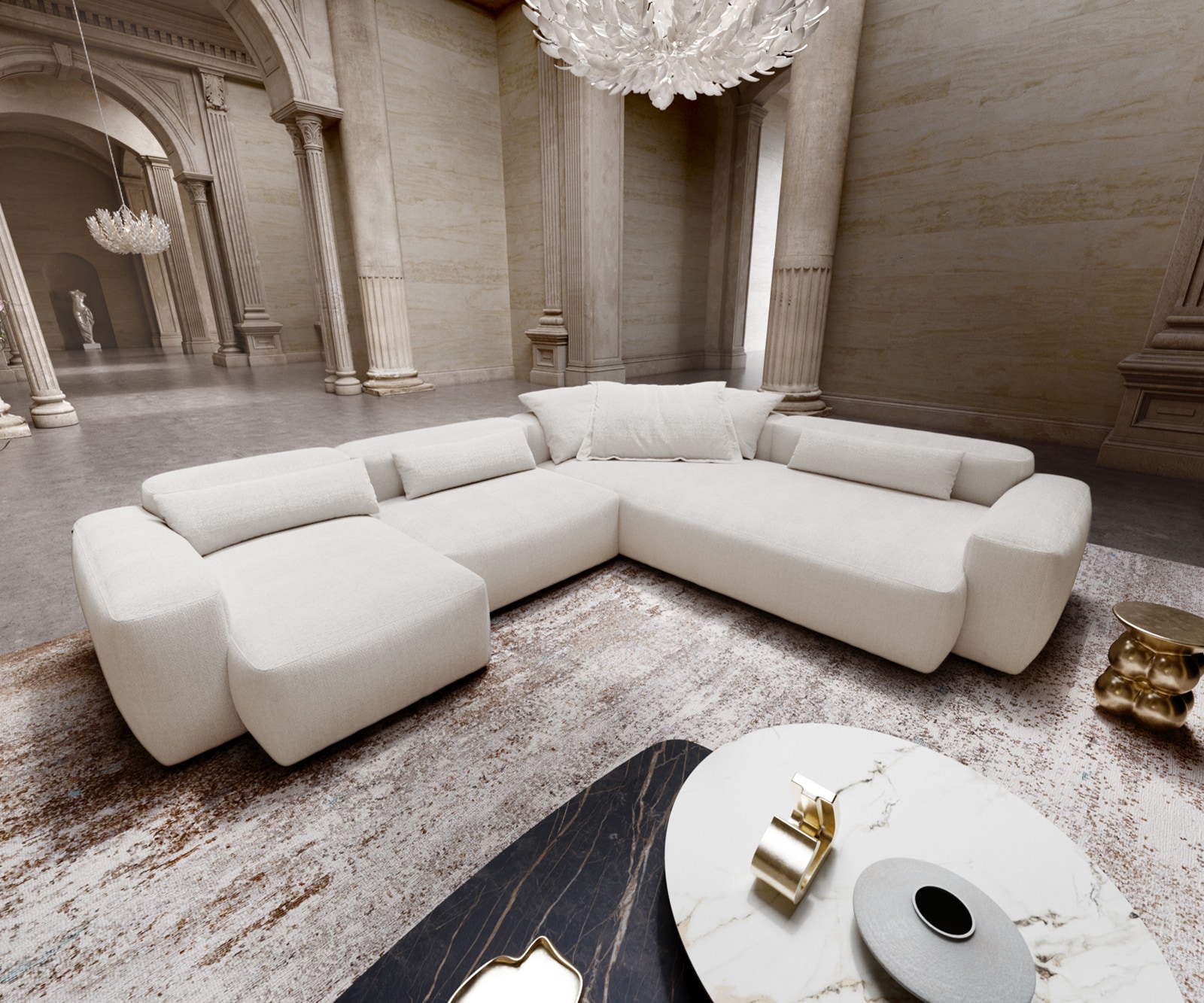 DELIFE Wohnlandschaft Freestyle 360x290 cm Bouclé Soft Beige Kappnaht, Sofas Image