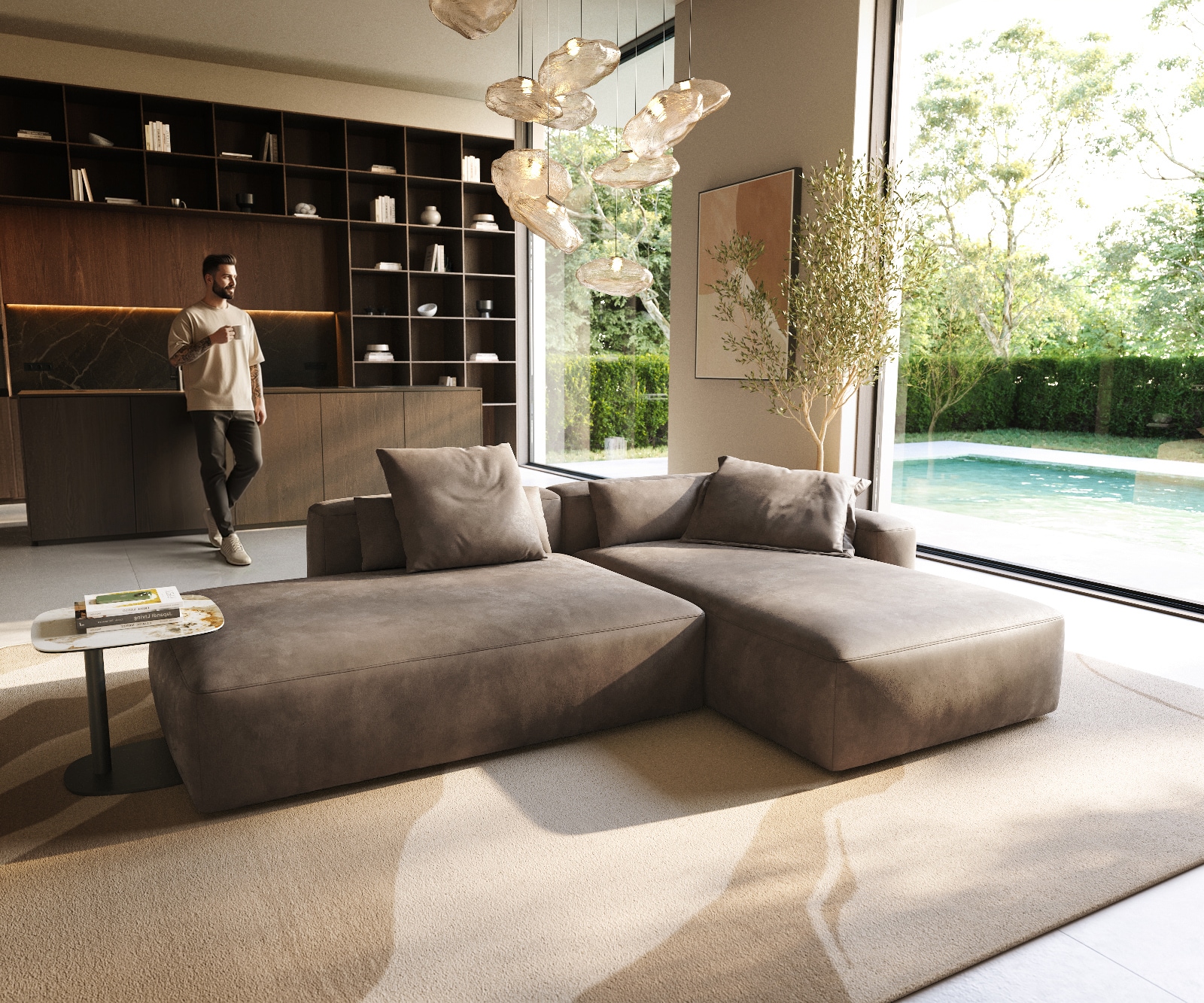 DELIFE Ecksofa Freestyle 310x200 cm Mikrofaser Taupe Vintage Kappnaht, Sofas Image