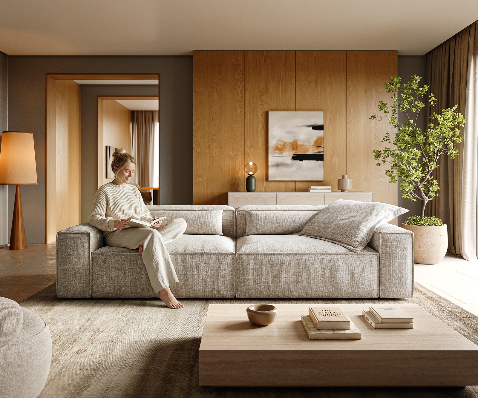 DELIFE Big-Sofa Freestyle 280x110 cm Webstoff Soft Beige Kedernaht, Sofas Image