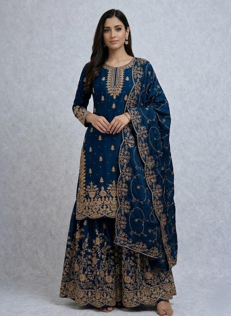 Nuovo set Kurta Palazzo ricamato da stilista, 3 pezzi Salwar Kameez, abbigliamento da stilista ispirato a Bollywood, elegante abito Kurta Palazzo per