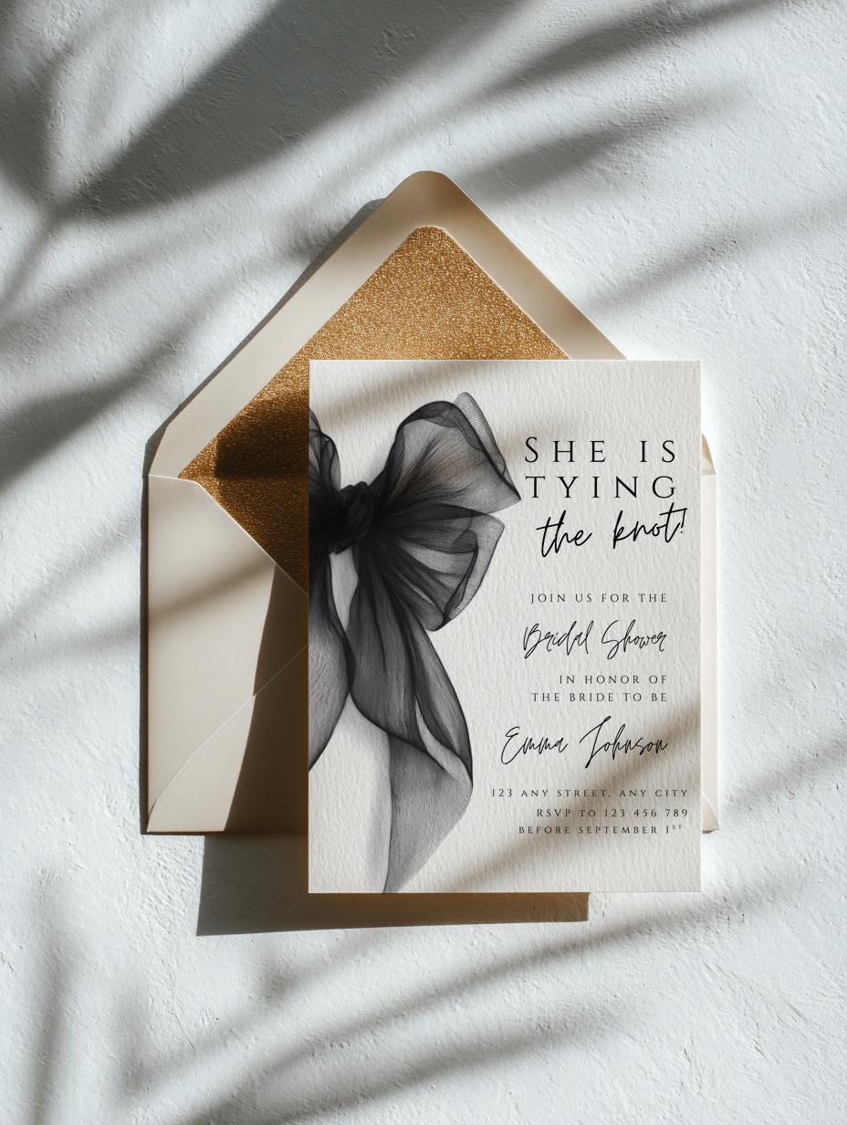"Invito per addio al nubilato \"She's Tying the Knot\" - Modello Canva modificabile - Invito per addio al nubilato con fiocco e nastro - Invito per addio"