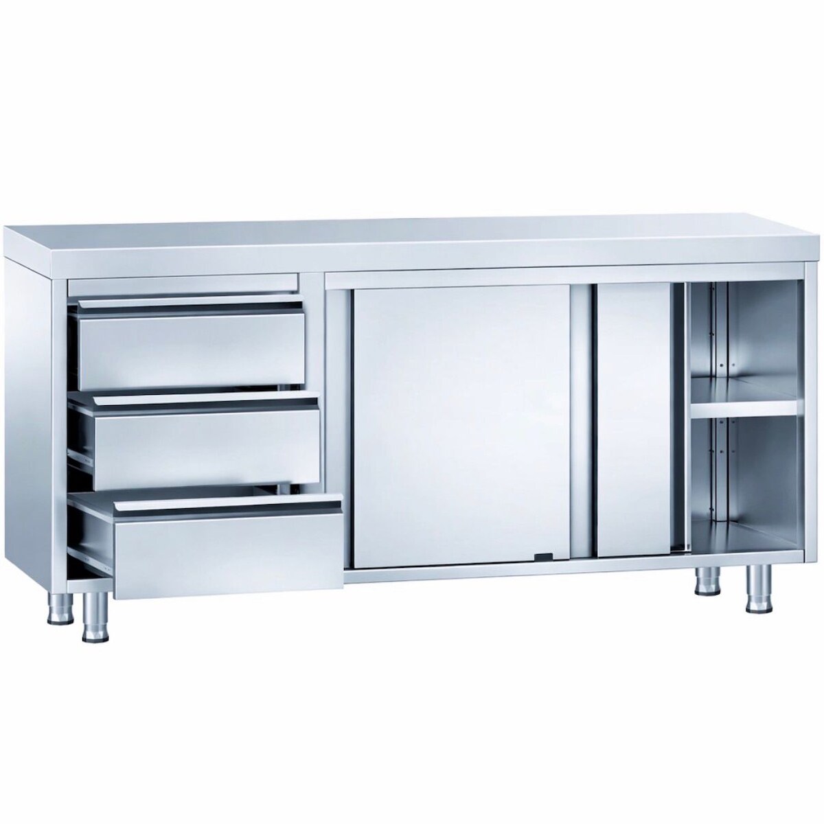 Trento Edelstahl Arbeitsschrank PREMIUM 1400 × 600 mm mit 3 Schubladen links Image