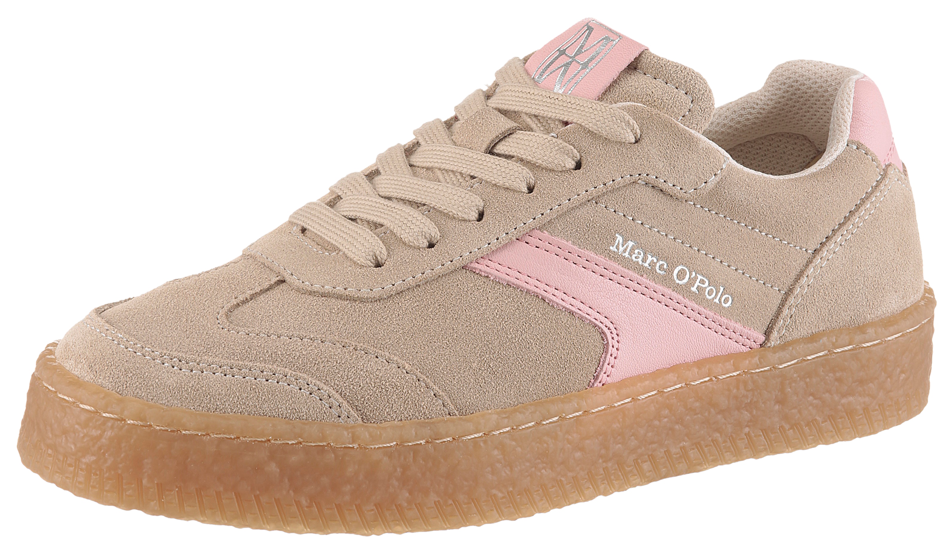 Sneaker MARC O'POLO "Cortney", Damen, Gr. 39, creme, rosé, Glattleder, Veloursleder, unifarben mit Farbeinsatz, Schuhe Sneaker, Freizeitschuh, Halbschuh, Schnürer mit gepolstertem Schaftrand