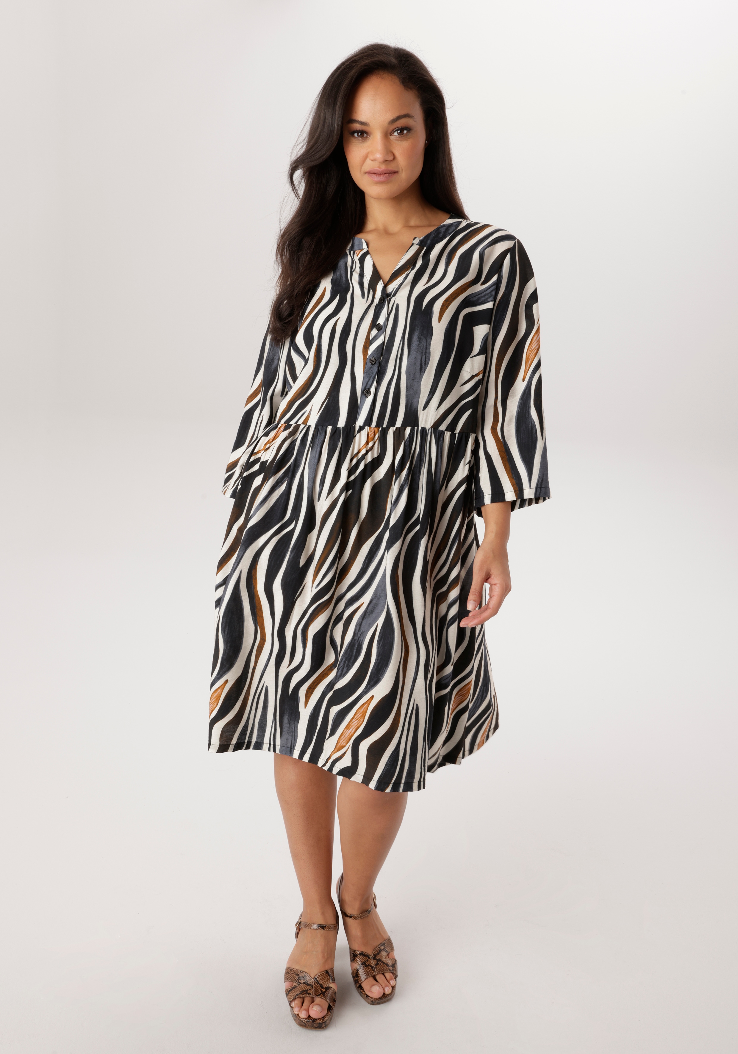 Tunikakleid ANISTON PLUS, Damen, Gr. 46, N-Gr, weiß, braun, grau, Web, Obermaterial: 85% Viskose (LENZING™), 15% Polyester, bedruckt, gemustert, gestreift, figurumspielend kniebedeckend, V-Ausschnitt, Krempelärmel 1-Knopf-Manschette, Kleider, im...