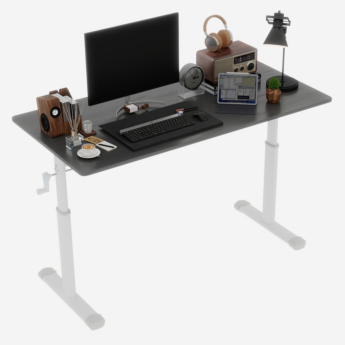 OKWISH Schreibtisch höhenverstellbar Grau 90x120x60 cm mit Handkurbel, stabile Doppelstütze, kompakt für Homeoffice und Arbeitszimmer Image