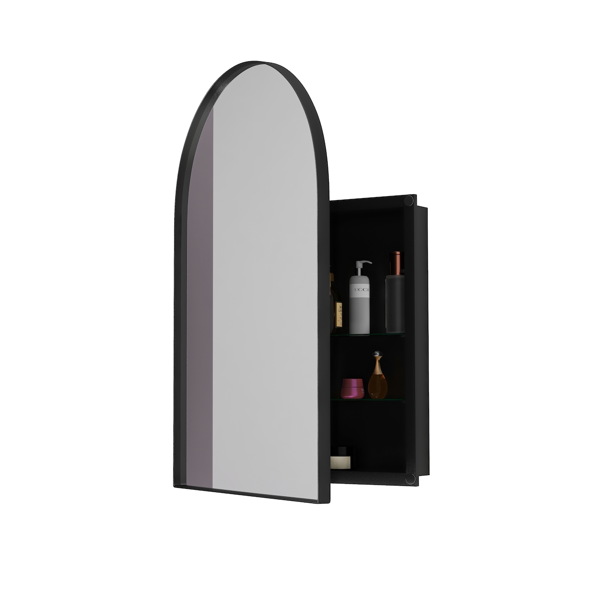OKWISH Spiegelschrank Bad Wand 91x61x12 cm Schwarz mit Metallrahmen Spiegel und Glas Einlegeböden platzsparend modern zur Aufbewahrung Image