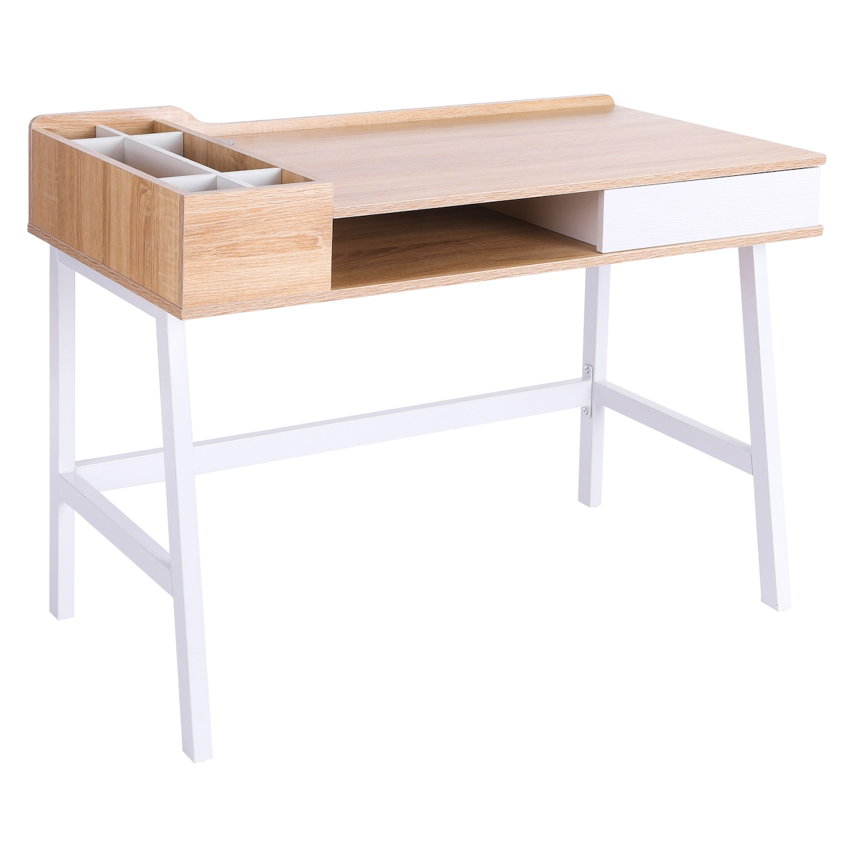 OKWISH Schreibtisch Industriestil 100x55x82 cm Naturholz mit Schublade und Ablagefächern, Metallgestell, großer Arbeitsplatz für Büro und Homeoffice Image