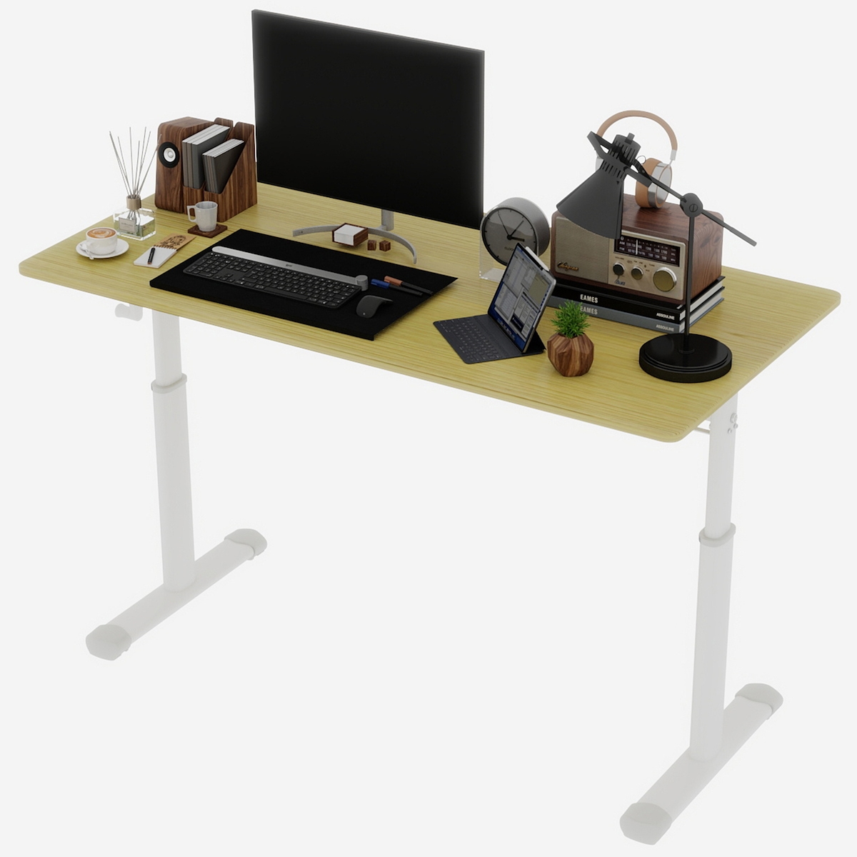 MODFU Schreibtisch höhenverstellbar per Handkurbel Holzfarben 60x120x90 cm Metall Holz kompakt stabil für Homeoffice Büro und Arbeitszimmer Image