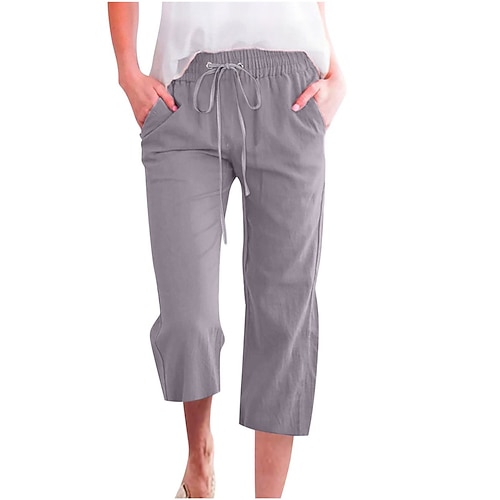 Damen Caprihose Kunstbaumwollleinen Chinos Sommerhose Urlaub Basic Lässig Wadenlang Mittlere Taillenlinie Einfach Kordelzug Tasche Leicht Atmungsaktiv Unelastisch Heim Outdoor Urlaub Weinrot Hellgrau Image