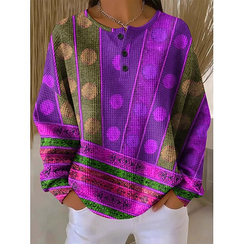 Damen Kapuzenshirts Knöpfe Grafik Geometrisch Farbblock Mode Lässig Druck Langarm Rundhalsausschnitt Rundhals Normale Oberteile Lässig Straße Blau Rote Purpur Grün Herbst Winter Image