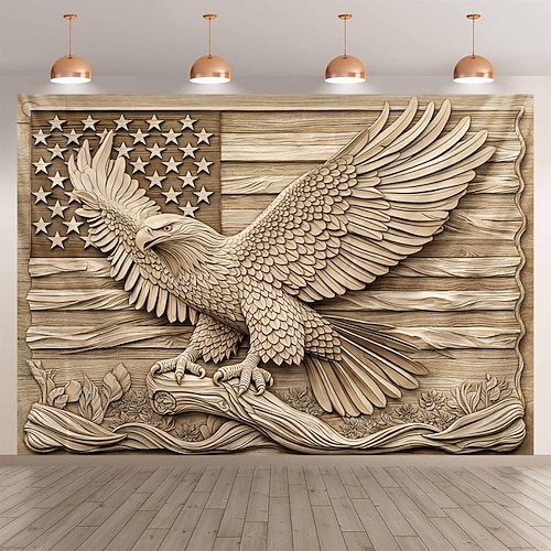 Wandteppich zum 250. Jahrestag der USA: Optische 3D-Täuschung mit Adler auf 2D-Wandbild in Holzoptik – ideal für patriotische Dekorationen zum Unabhängigkeitstag am 4. Juli. Image
