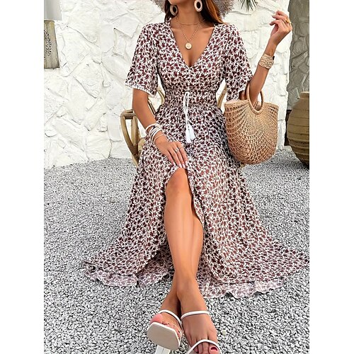 Damen Langes Kleid Maxikleid A Linie Kleid Blumenkleid Elegant Mode Modern Täglich Outdoor Urlaub Normale Passform Blumen Kurzarm V Ausschnitt Blau Schwarz Braun Sommer Frühling Image