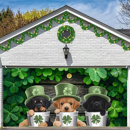 St. Patricks Day Tapisserie Garagentorabdeckung Großes Hängendes Kleeblatt Niedlich 3D Party Outdoor Urlaub Hintergründe aufnehmen Yard Wohndeko Image