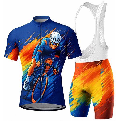 Herren Radtrikot mit Trägershorts Radtrikot-Set Kurzarm Mountainbike MTB Straßenradsport Sommer Marinenblau Blau Orange Geometrisch Buchstaben Zahlen Fahhrad Sonnenschutz UV-beständig 3D-Polster Image