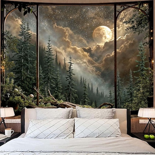 Wandteppich mit Waldmondschein, Sternenhimmel über Kiefern – mystischer Wandbehang für Schlafzimmerambiente und naturnahe Dekoration Image
