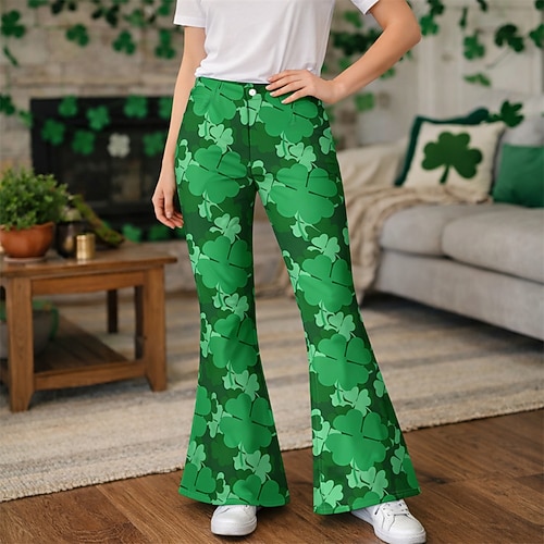 St. Patrick 2026 Retro Vintage 1970er Hose Hose mit weitem Bein Hippie Disco Hohe Taille Kostüm Damen St. Patrick's Day Party Festival Erwachsene Hose Image