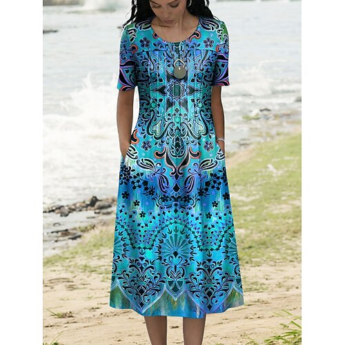 Damen Midikleid T-Shirt-Kleid A Linie Kleid Sommerkleid Urlaub Lässig Täglich Normale Passform Grafik Stammes Kurzarm Rundhalsausschnitt Blau Purpur Orange Grün Sommer Frühling Image