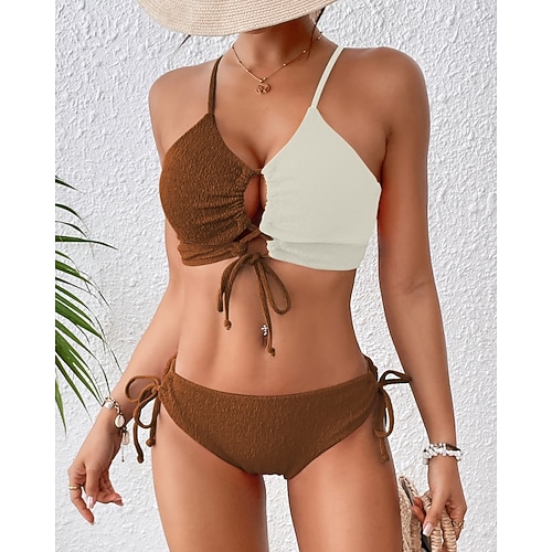 Damen Standard Surfing Tankinis Bikinis Bikini-Sets Badeanzug Farbblockierung Kordelzug Offener Rücken Gerafft UV Schutz Elastisch Ärmellos Bademode Surfen Tauchen Schwimmen Sommer Image
