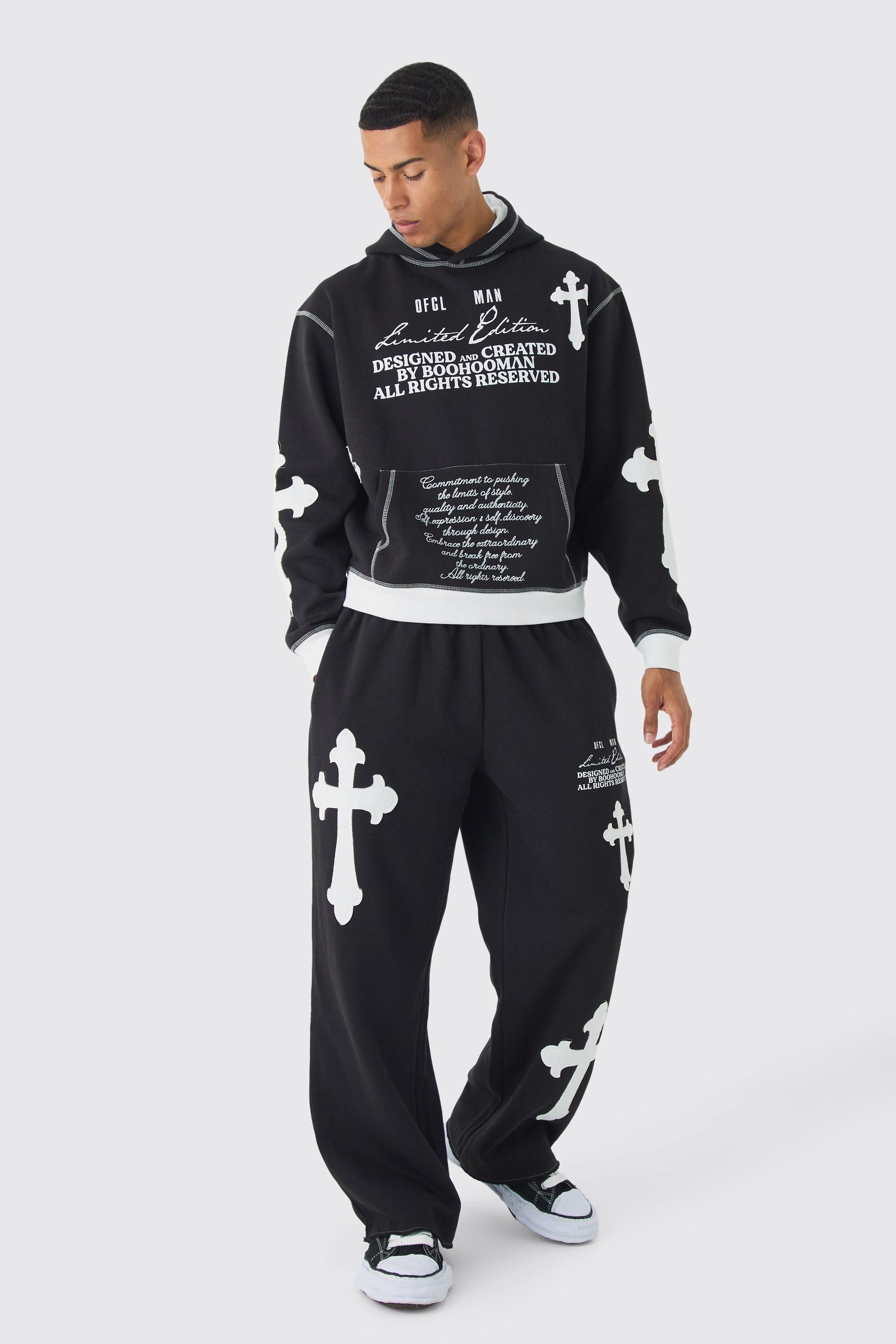 Boohooman Mens Oversized Boxy Limited Edition Cross Applique Hoodie and Jogger Tracksuit - Black Cotton - Size Medium