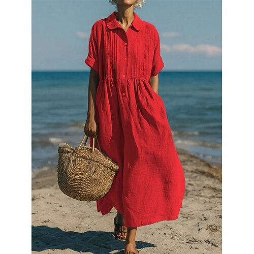 Damen Midikleid Baumwoll-Leinen-Kleider Hemdblusenkleid Kaftan Kleid Mode Modern Täglich Outdoor Urlaub Lässiger Schnitt Einfach Kurzarm Hemdkragen Blau Weiß Rosa Rote Sommer Frühling Image