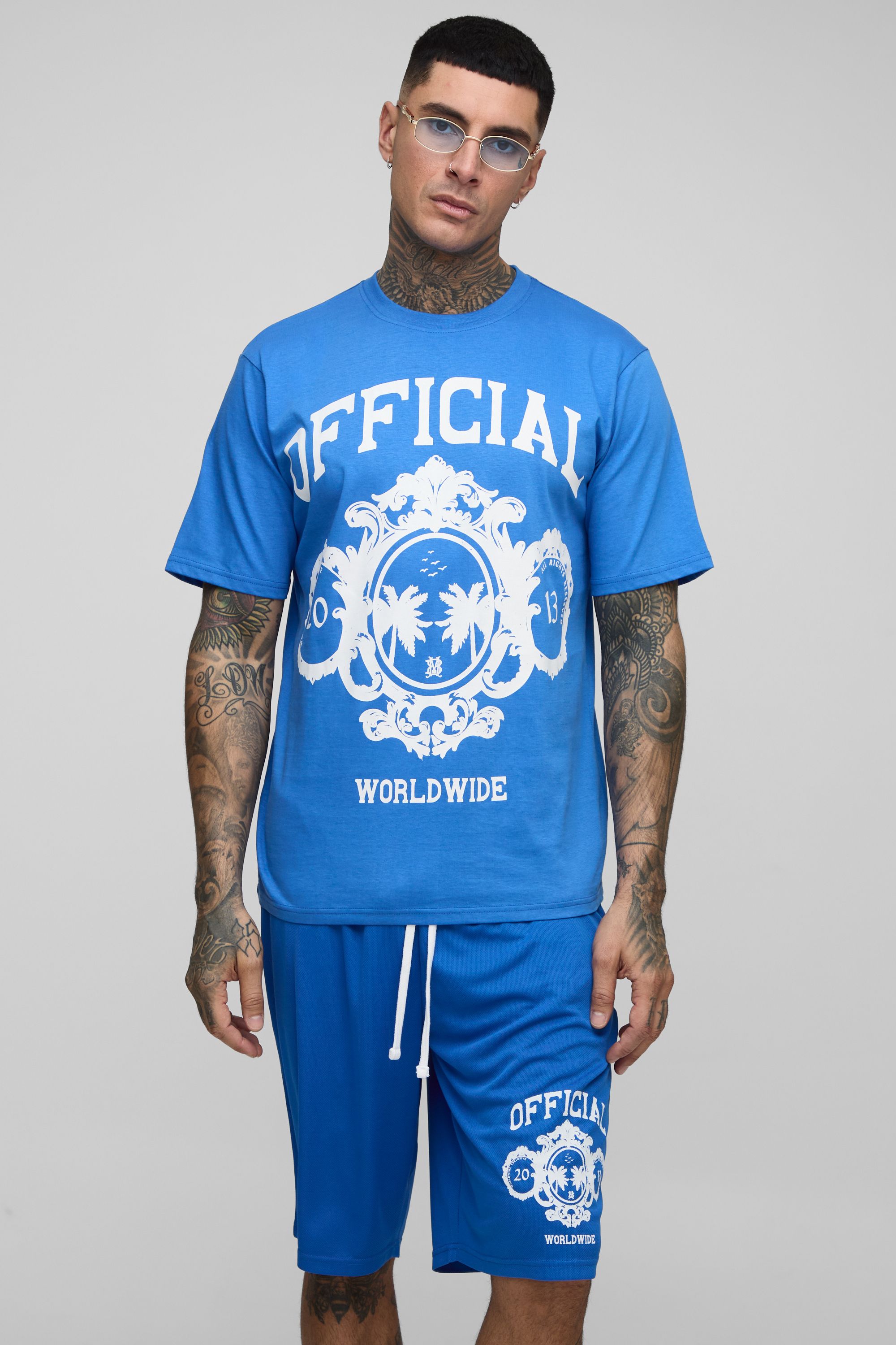 Boohooman Mens Tall Regular Fit Official Varsity Print T-shirt & Basketball Fit Short Set - Blue Cotton - Size Medium