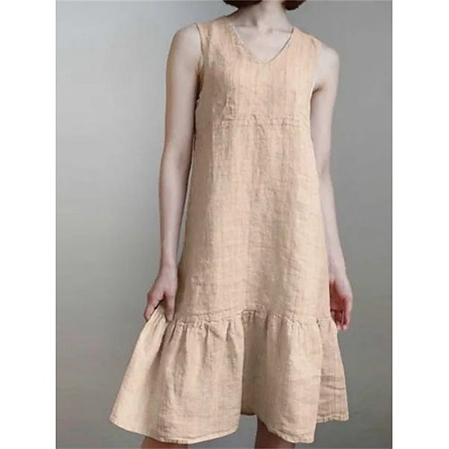 Damen Midikleid Baumwoll-Leinen-Kleider Shiftkleid Sommerkleid Freizeitkleid Mode Basic Modern Täglich Outdoor Urlaub Normale Passform Lässiger Schnitt Einfach Ärmellos V Ausschnitt Armeegrün Image