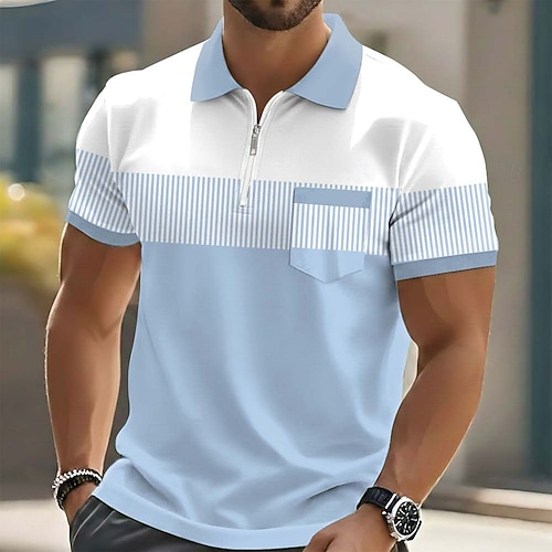 Herren Gestreift Poloshirts Kurzarm Polo-Shirts Revers Lässig Outdoor Ferien Alltagskleidung Tasche 3D-Druck Sommer Blau Purpur Grün Image