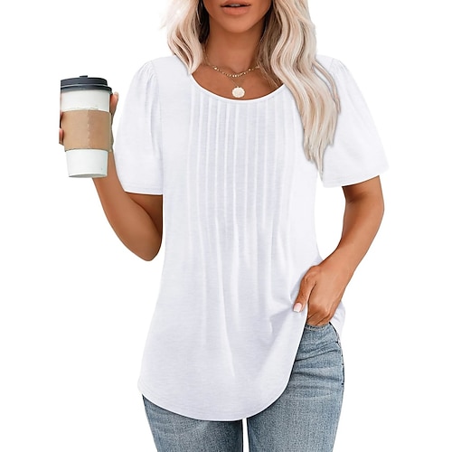 Damen T Shirt Einfach Mode Stilvoll Klassisch Kurzarm Rundhalsausschnitt Lange Oberteile Täglich Wochenende Schwarz Weiß Fuchsie Orange Grün Sommer Frühling Image