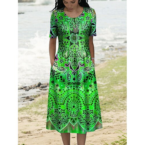 Damen Midikleid T-Shirt-Kleid A Linie Kleid Sommerkleid Urlaub Lässig Täglich Normale Passform Grafik Stammes Kurzarm Rundhalsausschnitt Blau Purpur Orange Grün Sommer Frühling Image