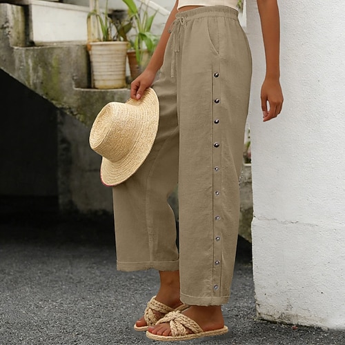 Damen Baumwolle Hose Sommerhose Strandhose Urlaub Mode Alltagstauglich Knöchellang Hohe Taille Einfach Kordelzug Seitenknopf Atmungsaktivität Leicht Bequem Unelastisch Streetwear Strand Ferien Blau Image