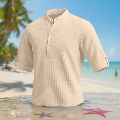 Herren Hemd Waffelhemd Textur Freizeithemd Knopfhemd Schwarz Weiß Grün Kaki Hellgrau Langarm Einfarbig Einfach Großvaterkragen Lässig Täglich Bekleidung Elegant Mode Lässig Image