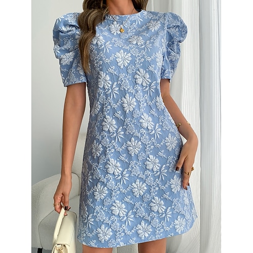 Damen Langes Kleid Maxikleid Minikleid Weißes Kleid Freizeitkleid Elegantes Kleid Elegant Vintage Mode Täglich Urlaub Ausgehen Normale Passform Blumen Einfach Kurzarm Rundhalsausschnitt Blau Weiß Rosa Image