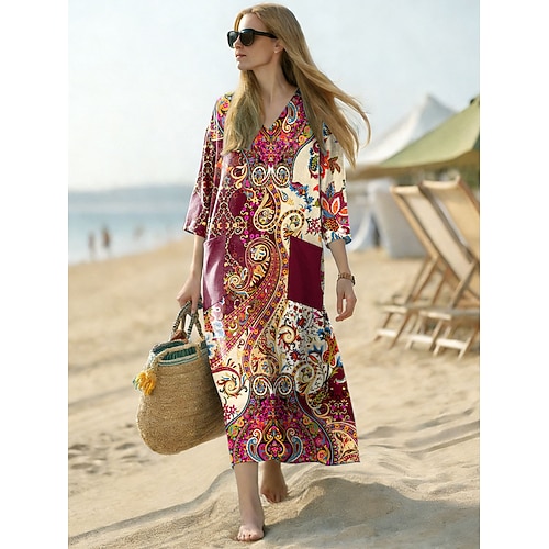 Womens Midi Kleid Leinenähnlich Atmungsaktiv Leicht Strandkleid A-Linie Kleid Urlaub Lässig Boho Strand Lockerer Schnitt Grafisch Paisley 3/4 Länge Ärmel V-Ausschnitt Blau Rot Marineblau Grau Sommer Image