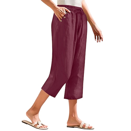 Damen Hose aus Baumwollleinen Caprihose Chinos Urlaub Basic Lässig Wadenlang Mittlere Taillenlinie Einfach Kordelzug Tasche Komfort Atmungsaktiv Unelastisch Täglich Outdoor Urlaub Weinrot Hellgrau Image