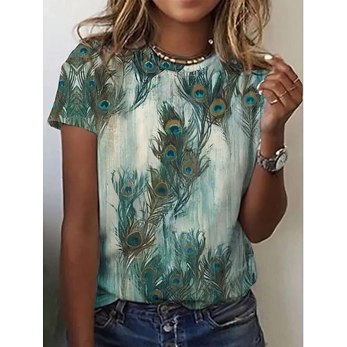 Damen T Shirt Druck Grafik Tiermotiv Abstrakt Vintage Stilvoll Klassisch Kurzarm Rundhalsausschnitt Rundhals Normale Oberteile Täglich Wochenende Blau Hellgrün Dunkelgrün Sommer Frühling Herbst Winter Image