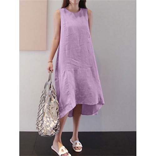 Damen Midikleid Baumwoll-Leinen-Kleider Shiftkleid Sommerkleid Trägerkleid Mode Modern Täglich Outdoor Urlaub Lässiger Schnitt Einfach Ärmellos Rundhalsausschnitt Blau Gelb Marineblau Purpur Sommer Image