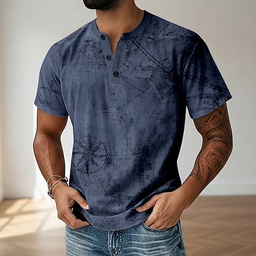 Herren Vintage T Shirt Henley Hemd Kurzarm Designer Retro Vintage Lässig Lässig Täglich Straße Sommer Frühling Ganzjahres Blau Hellgrün Marineblau Purpur Khaki Henley Henley T-Shirt Image