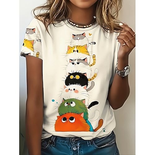 Damen T Shirt Druck Grafik Tiermotiv Vintage Stilvoll Klassisch Kurzarm Rundhalsausschnitt Rundhals Normale Oberteile Täglich Wochenende Weiß / Schwarz Schwarz Weiß Sommer Frühling Herbst Winter Image