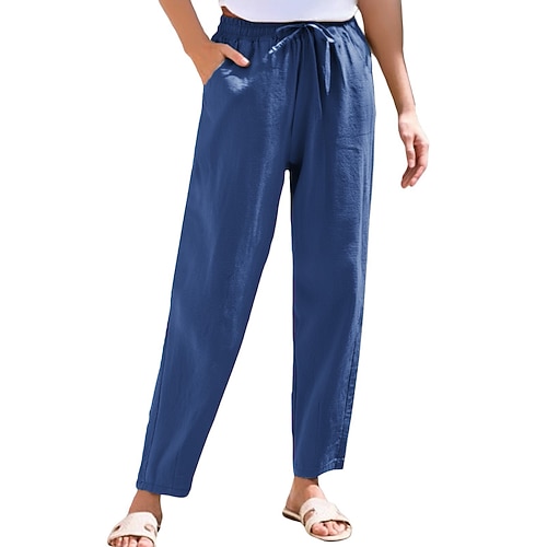 Damen Hose aus Baumwollleinen Chinos Urlaub Streetwear Basic Knöchellang Mittlere Taillenlinie Einfach Kordelzug Tasche Bequem Komfort Unelastisch Täglich Outdoor Urlaub Grau Schwarz Weiß Gelb Sommer Image