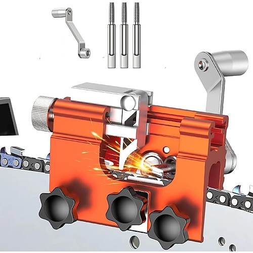 Kettensägen-Schärfvorrichtung, tragbares, handbetriebenes Kettensägen-Schärfset, passend für alle Arten von Kettensägen und Elektrosägen, mit 3 Schärfköpfen Image