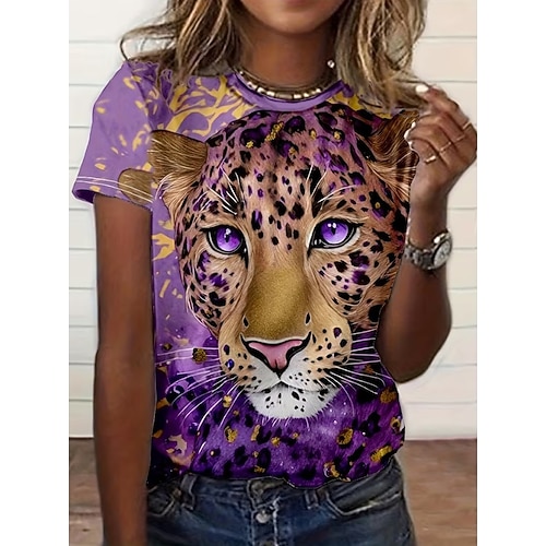 Damen T Shirt Druck Grafik Tiermotiv Leopard Vintage Stilvoll Klassisch Kurzarm Rundhalsausschnitt Normale Oberteile Täglich Wochenende Blau Schwarz Rote Purpur Fuchsie Sommer Frühling Image
